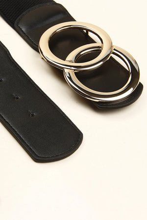 Black stretch belt with interlocked gold alloy rings and leather detail