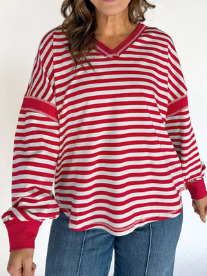V-neck striped cotton sweatshirt in deep red and white, long sleeves, casual comfort style