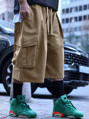 Men's Full Size Cargo Shorts With Drawstring Waist in Khakis, side view