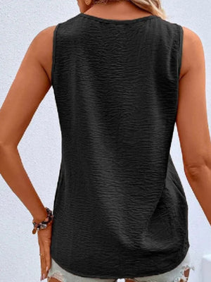 Black textured sleeveless V-neck top with button front detail