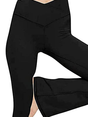Black V-waist flare leggings with a high rise and bootcut leg