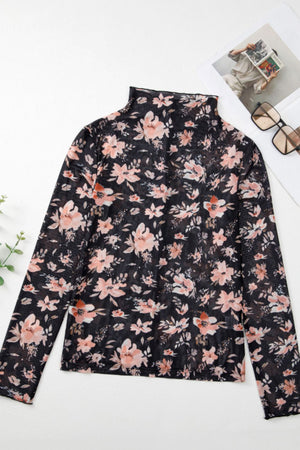 Black sheer floral mock neck blouse with long sleeves