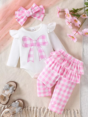Children's Ruffled Bow Bodysuit And Pants Set in Pink, fabric detail