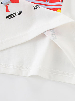 White cotton crew neck toddler tee with fire truck graphic and text "HURRY UP LET".