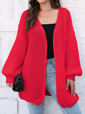 Red open knit cardigan with balloon sleeves and a relaxed fit.