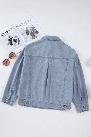 Light pinstripe denim trucker jacket with button cuffs and collar