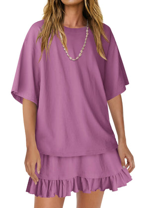 Violet ruffled tee and skirt set with relaxed fit and short sleeves