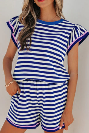 Blue and white striped polyester two-piece set with ruffle sleeves and pink trim.