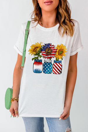 White graphic t-shirt with patriotic sunflowers in mason jars.