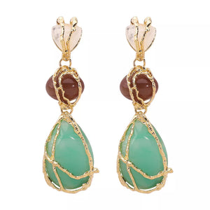 Gold-plated teardrop dangle earrings with brown and green stones.