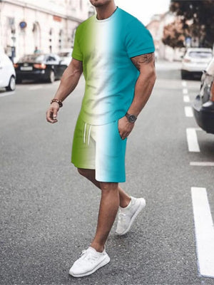 Men's gradient tee and shorts set in yellow-green and turquoise.