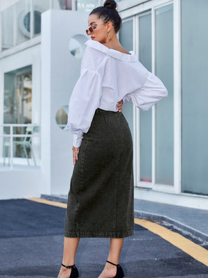 Button-front denim midi skirt in black with a high waist and a straight cut.
