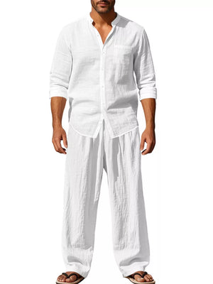 Men's white linen blend casual two-piece set with band collar shirt and wide-leg pants.