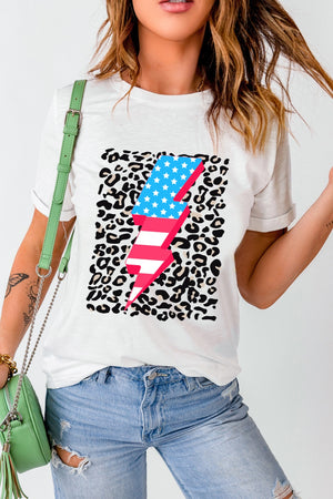 White t-shirt with leopard print and a red, white, and blue lightning bolt graphic.