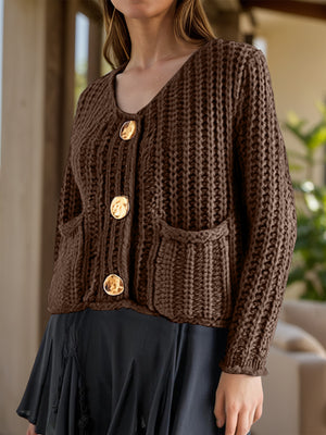 Brown chunky knit cardigan with statement buttons and front pockets