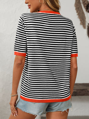 Retro stripe knit tee with contrast trim in black and red, featuring short sleeves and a crew neck.