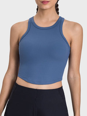 Dusty Blue ribbed racerback active tank top with round neckline