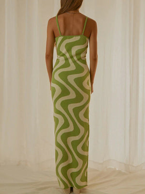 Geometric knit maxi slip dress in yellow-green with wavy pattern, spaghetti straps, and floor length.