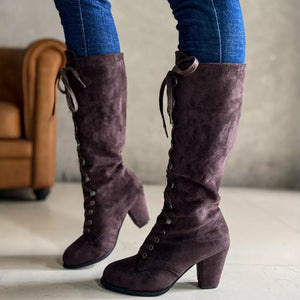 Brown suede lace-up block heel boots with tie detail
