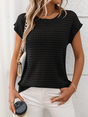 Black openwork knit crewneck sweater with short sleeves and a relaxed fit.