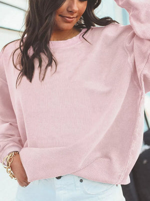 Ribbed Corduroy Oversized Sweatshirt in Dusty Pink, close-up detail