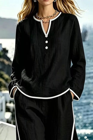 Contrast Trim Long Sleeve Top And Pants Set in Light Blue, product detail