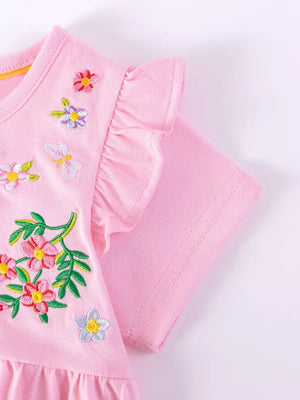 Pink cotton dress with embroidered floral and butterfly details and ruffle sleeves.