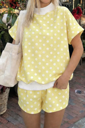 Polka dot top and shorts set, pastel yellow, polyester.