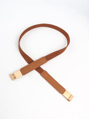 Caramel elasticated belt with leather detail and gold buckle closure
