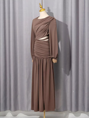 Ruched Long-sleeve Maxi Dress With Cutout in Brown, close-up detail