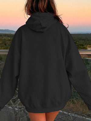 Black oversized hoodie with pouch pocket and hood, casual long sleeve sweatshirt.