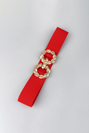 Red stretch belt with gold braided knot buckle detail
