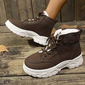 Chocolate lace-up boots with plush accents and white soles