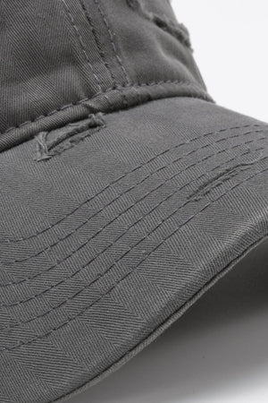 Mid Gray baseball cap with distressed details and herringbone pattern.