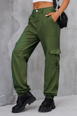 Army green utility cargo trousers with elasticated cuffs and multiple pockets.
