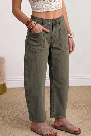 Four Leaf Clover Solid Color Ankle Jeans in Army Green, fabric detail