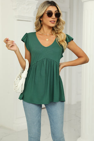 Mid Green ribbed flutter sleeve empire waist blouse with V-neck