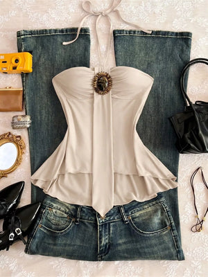 Embellished Front Halter Neck Cami, close-up detail