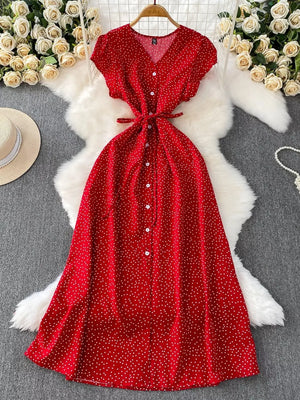 Red polka dot maxi dress with button front and belt