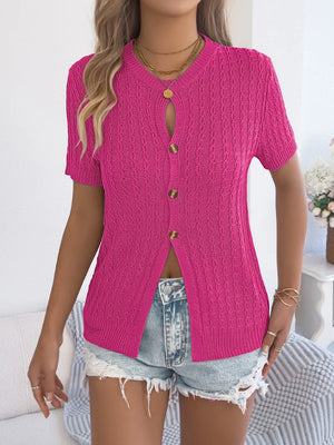 Hot Pink cable knit button-front top with short sleeves and a keyhole neckline.