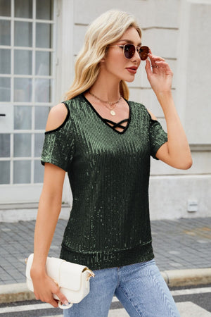 Dark green sequin cold shoulder top with crisscross neckline detail