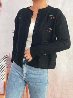 Black button up cardigan with cherry embroidery and scalloped trim.