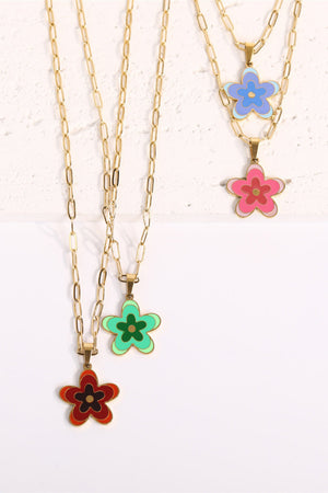 Enamel floral pendant chain necklace in Deep Red, Green, and Pink on 18K gold-plated chain.
