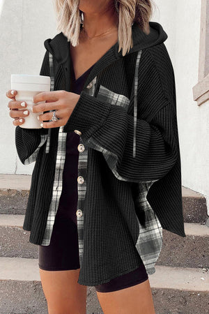 Black waffle knit shacket with plaid trim and hood, button front detail