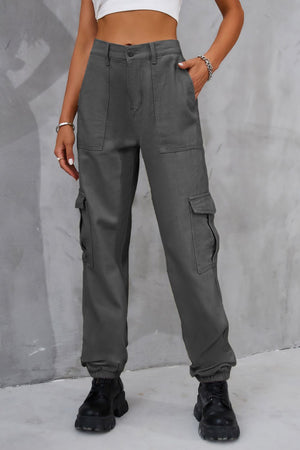 Dark gray utility cargo trousers with elasticated cuffs and multiple pockets.
