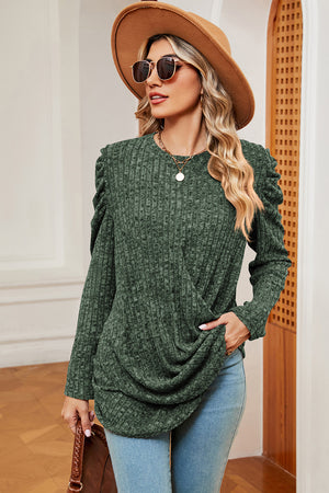 Dark Green textured drape sleeve top with ruched shoulders and a crossover hem.