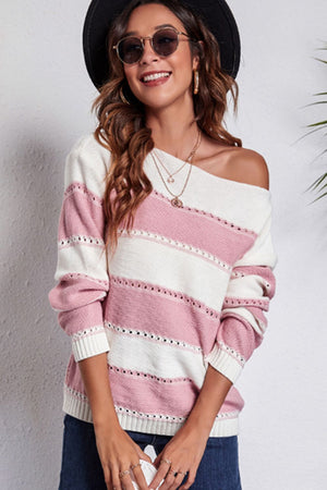 Blush pink and white striped off-shoulder sweater with perforated details.