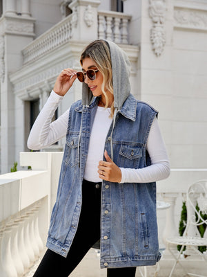 Denim hooded vest in Dusty Blue with button-down closure and chest pockets