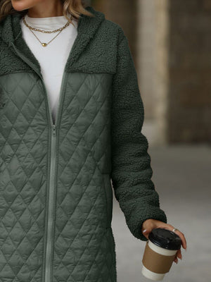 Army green quilted coat with teddy fleece sleeves and hood, full zip.