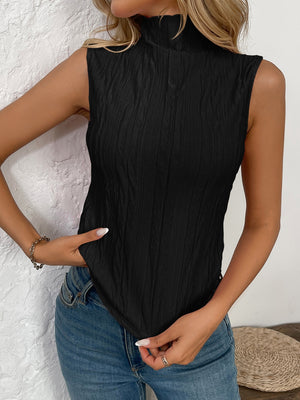 Black textured sleeveless mock neck top with a crinkled pattern